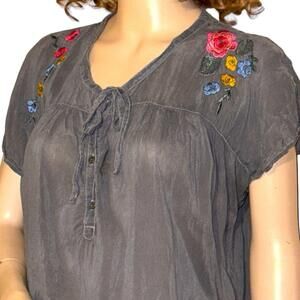 Johnny Was Los Angeles Gray Floral Embroidered Rayon Boho Tunic Dress/Top Sz M